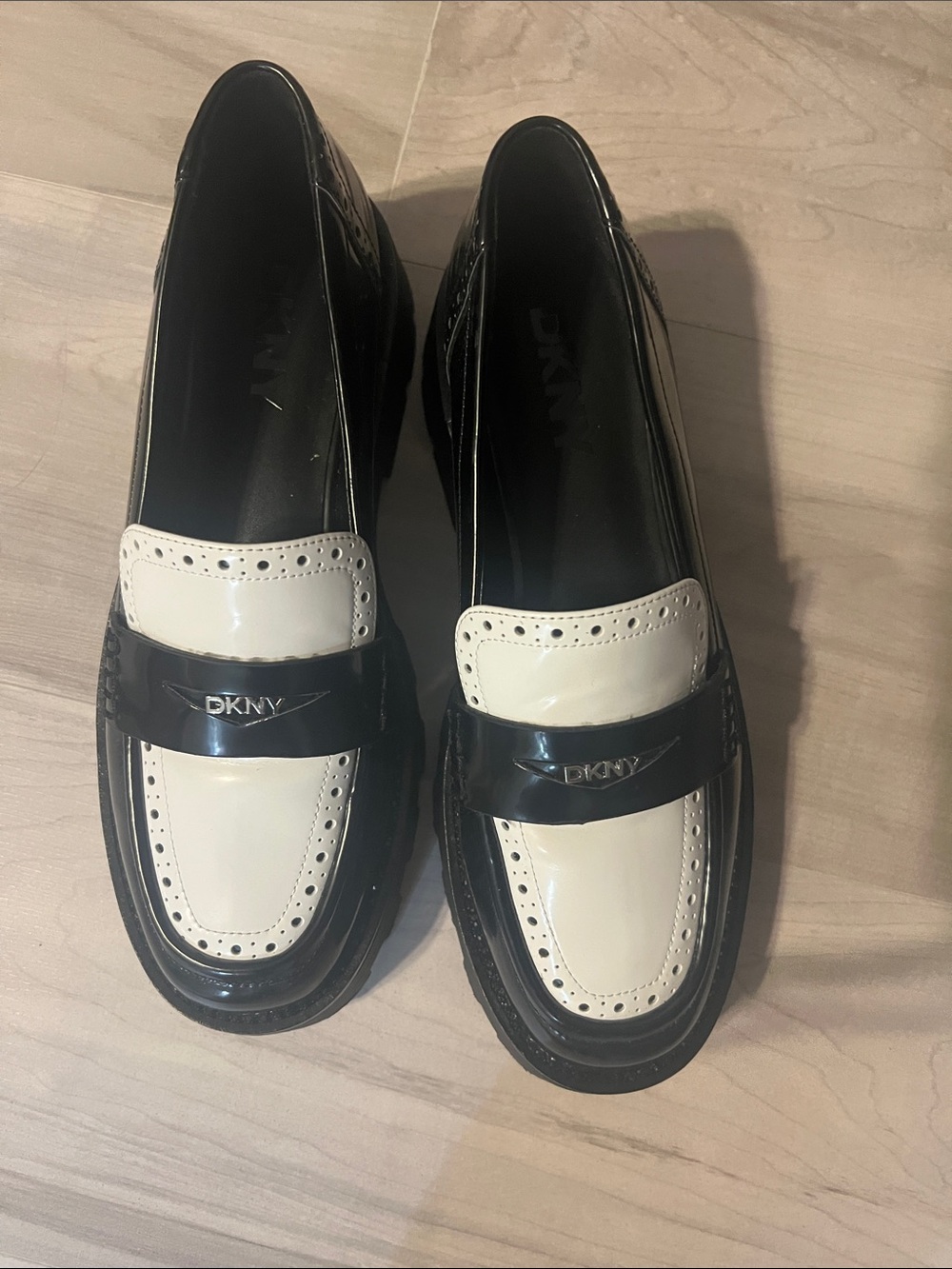 DKNY Black and White Patent Leather Penny Loafers